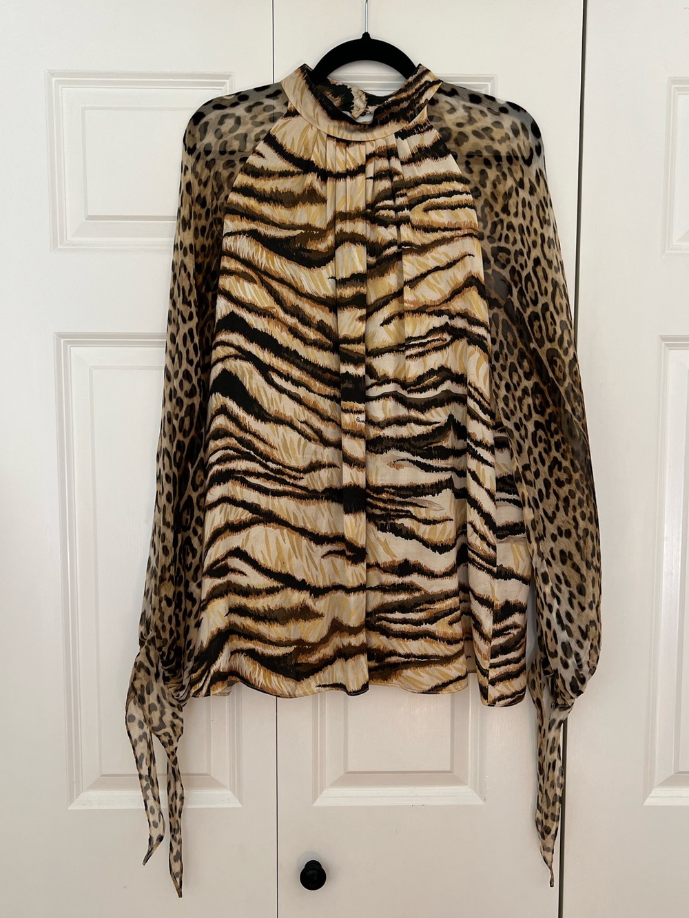 Roberto Cavalli Silk Tiger/Leopard Print Long Sleeve Blouse